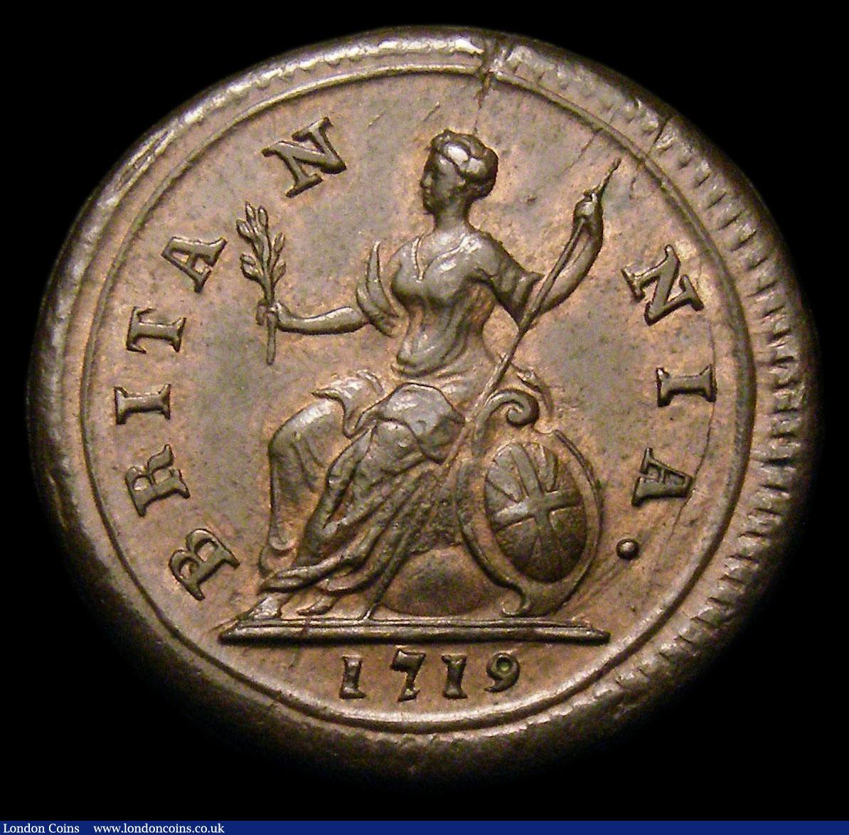 London Coins : A152 : Lot 2094 : Farthing 1719 Small Obverse Letters Peck 812 EF with a striking crack at the top of the reverse, sla...