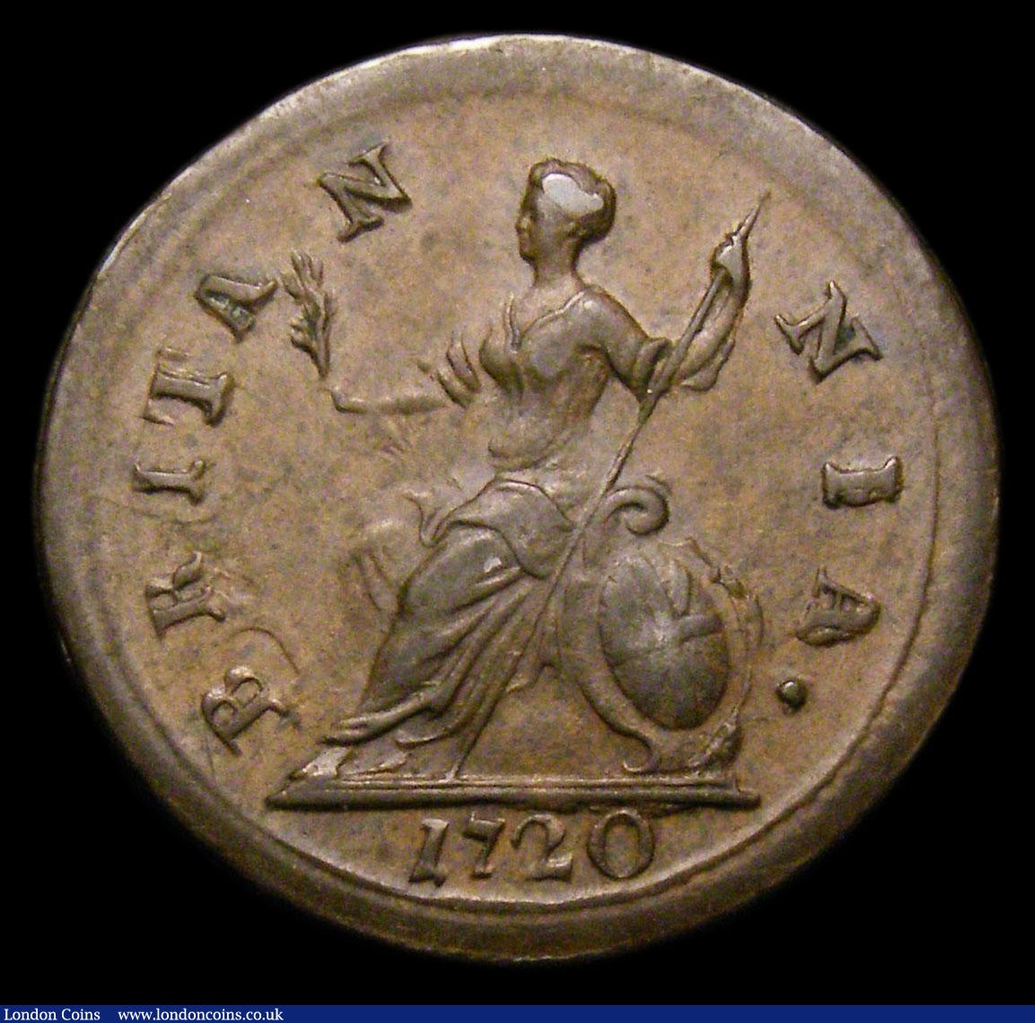 London Coins : A152 : Lot 2096 : Farthing 1720 Small Obverse Letters Peck 818 EF with a spot below the King's chin, slabbed and ...