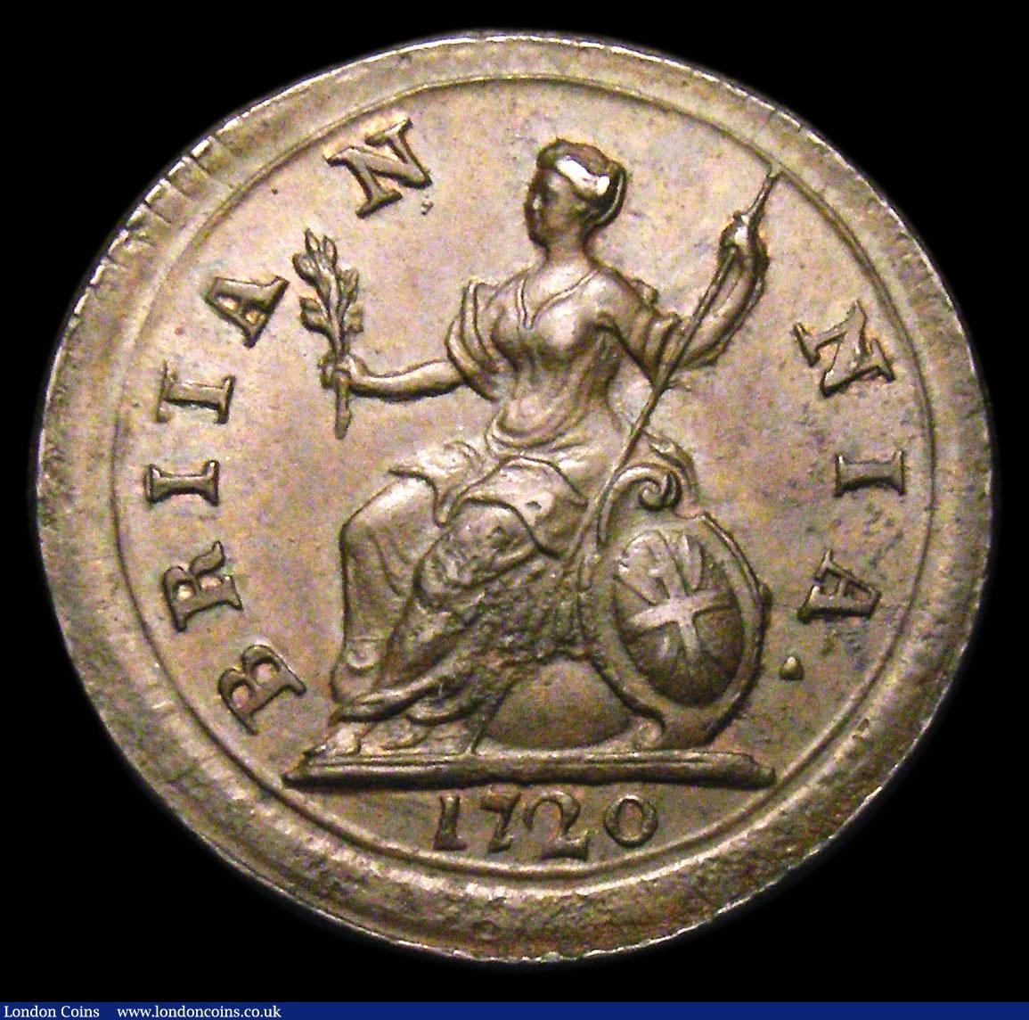 London Coins : A152 : Lot 2097 : Farthing 1720 Small Obverse Letters, Small 0 in date, EF, slabbed and graded CGS 60, the only exampl...