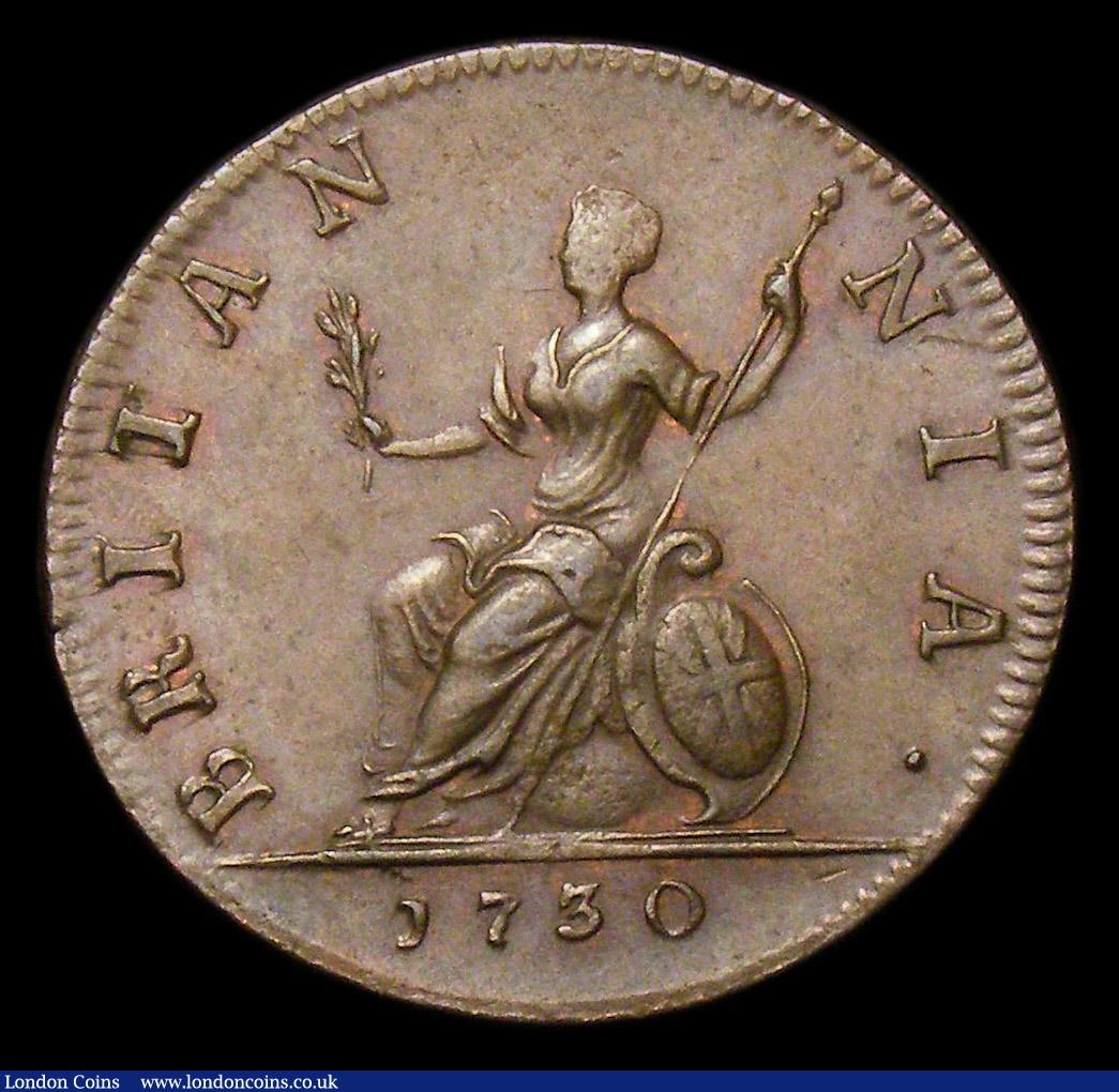 London Coins : A152 : Lot 2102 : Farthing 1730 Second G of GEORGIVS struck over a lower, incomplete G, CGS Variety 05, EF with a trac...