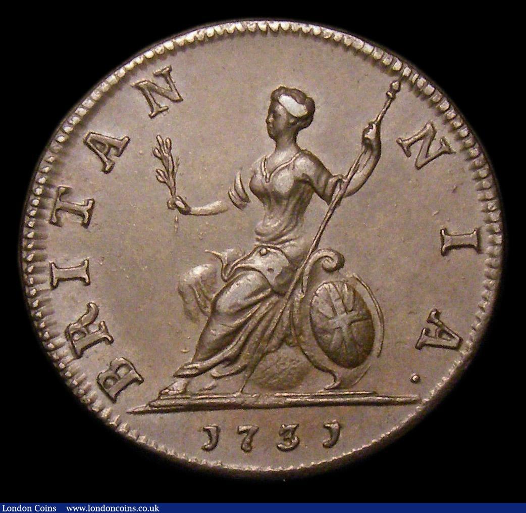 London Coins : A152 : Lot 2103 : Farthing 1731 Fatter ribbons, CGS Variety 04, GEF/EF toned, slabbed and graded CGS 70, Ex-Goldberg A...