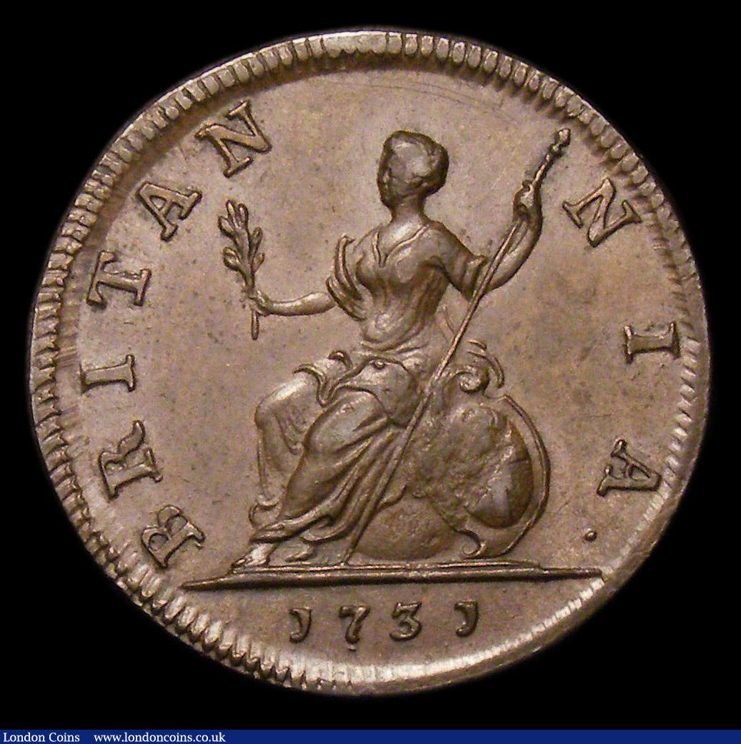 London Coins : A152 : Lot 2104 : Farthing 1731 Longer Thinner ribbons, CGS Variety 02, EF slabbed and graded CGS 65, Ex-P.Redford Jul...