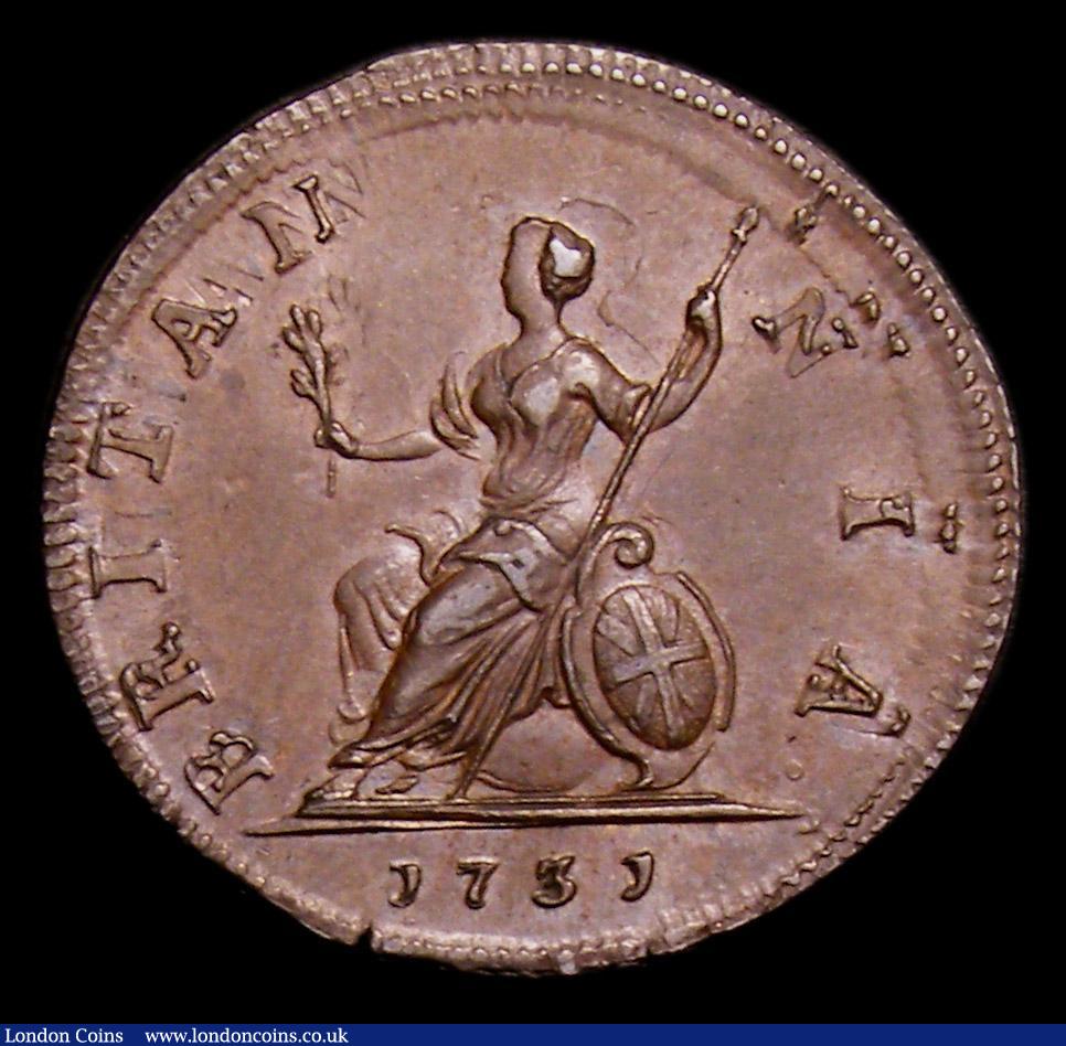 London Coins : A152 : Lot 2105 : Farthing 1731 Peck 858 EF with traces of double striking, the reverse with a small crack on the edge