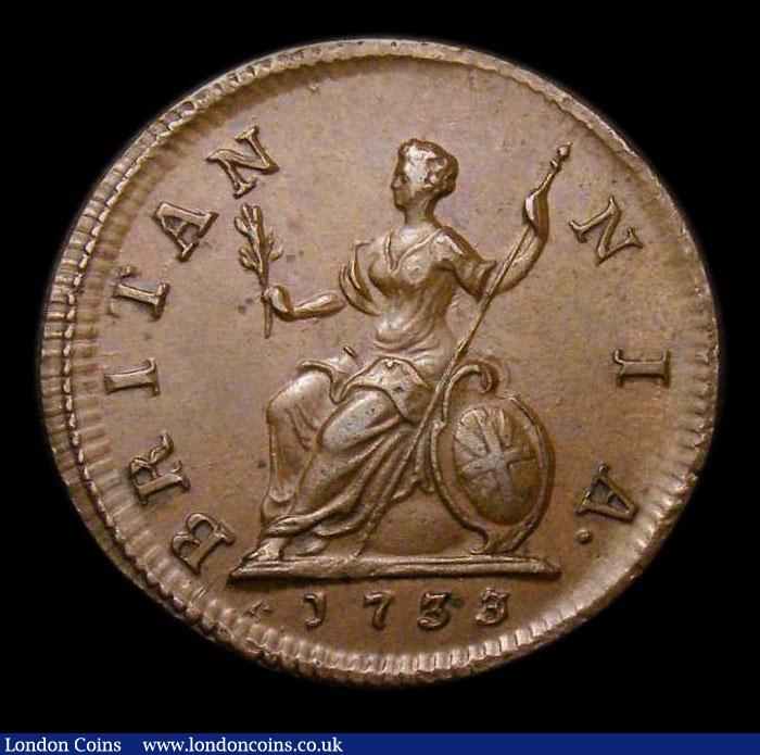 London Coins : A152 : Lot 2108 : Farthing 1733 3 over 0 CGS Variety 02 NEF/GVF nicely struck, slabbed and graded CGS 55, Ex-C.Cooke c...