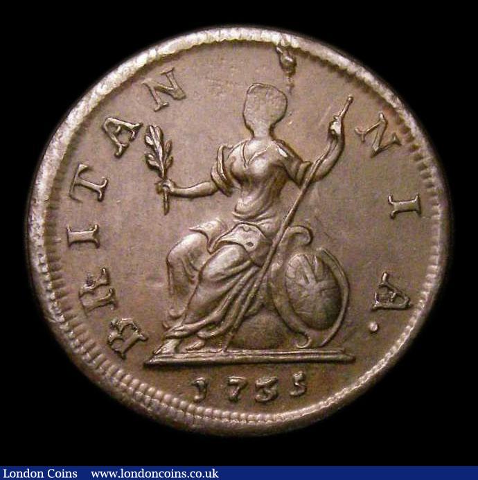 London Coins : A152 : Lot 2112 : Farthing 1735 Peck 863* 3 over 3 in date (previously thought to be 3 over 5). Note: the reverse die ...