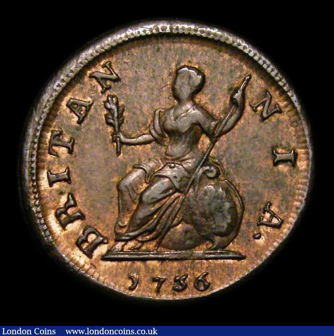 London Coins : A152 : Lot 2114 : Farthing 1736 date struck low in the exergue, top of 3 is 1mm from the exergue line, CGS Variety 05 ...