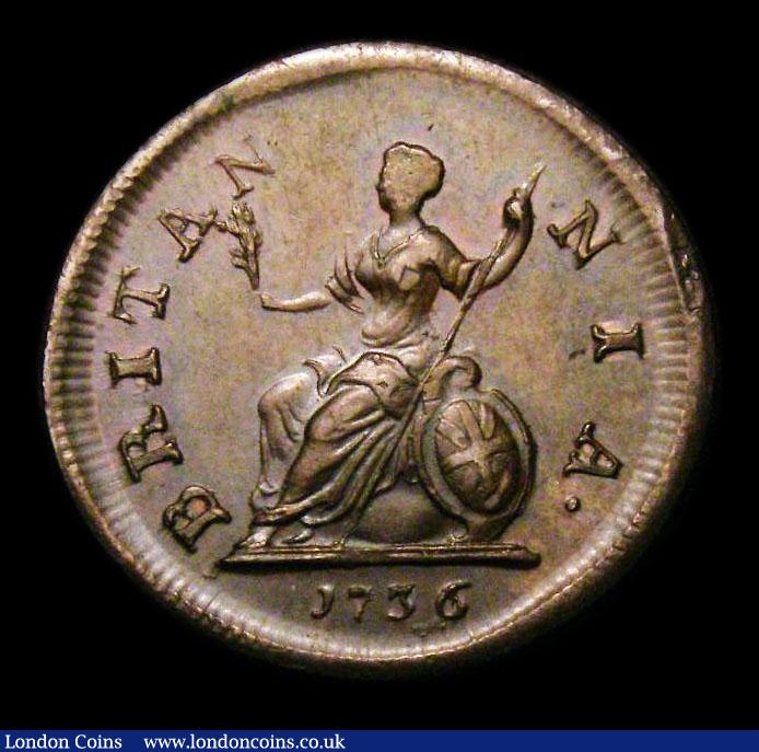 London Coins : A152 : Lot 2115 : Farthing 1736 struck on a large 24mm diameter flan CGS Variety 04 A/UNC with traces of lustre, on be...