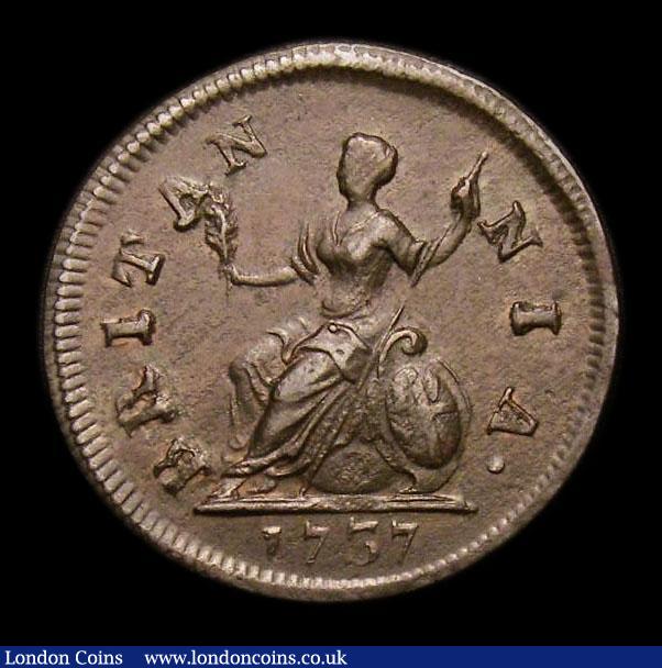 London Coins : A152 : Lot 2117 : Farthing 1737 Large Date CGS Variety 02, EF with a trace of lustre, slabbed and graded CGS 65, Ex-Co...