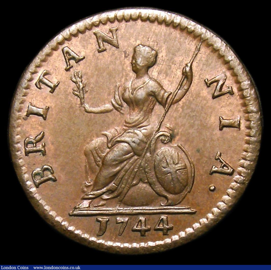 London Coins : A152 : Lot 2124 : Farthing 1744 Peck 886 UNC toned, slabbed and graded CGS 78