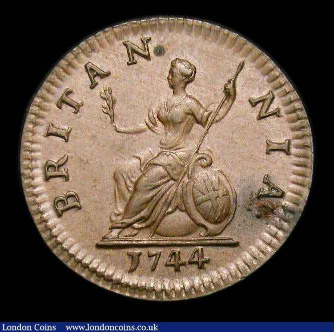 London Coins : A152 : Lot 2125 : Farthing 1744 Struck on a large flan CGS Variety 02, UNC with a verdigris spot on the last A of BRIT...