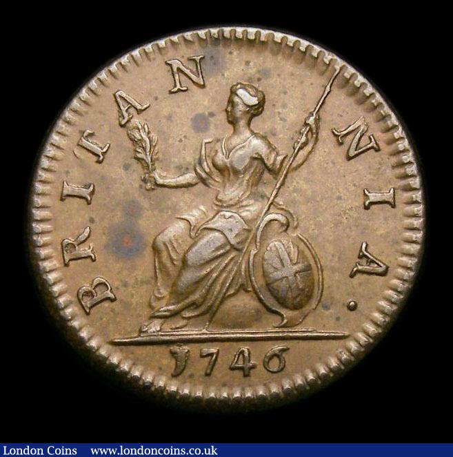 London Coins : A152 : Lot 2127 : Farthing 1746 Peck 887 EF with some slightly uneven tone on the reverse, slabbed and graded CGS 70, ...