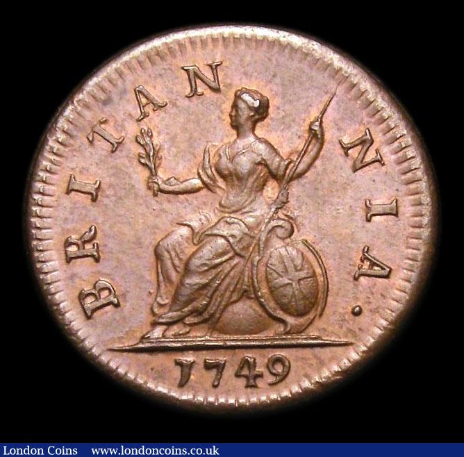 London Coins : A152 : Lot 2128 : Farthing 1749 Peck 889 UNC and nicely toned with a trace of lustre, slabbed and graded CGS 80, Ex-Cr...