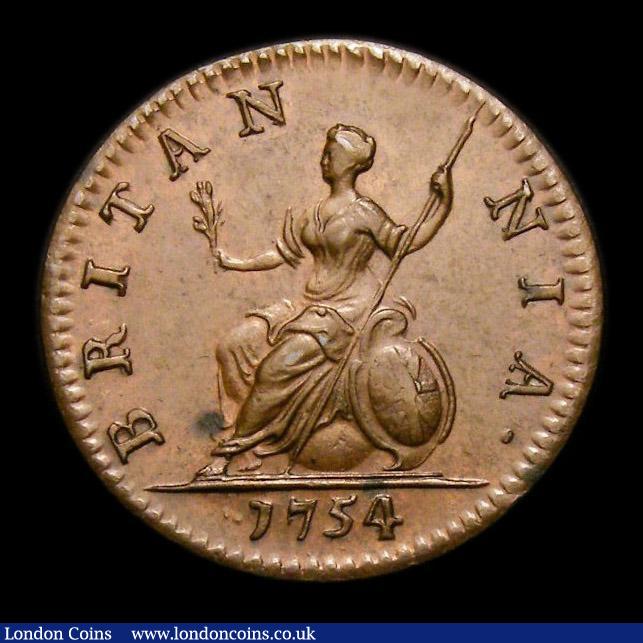 London Coins : A152 : Lot 2131 : Farthing 1754 Peck 892 Toned UNC with a couple of small spots, slabbed and graded CGS 80 