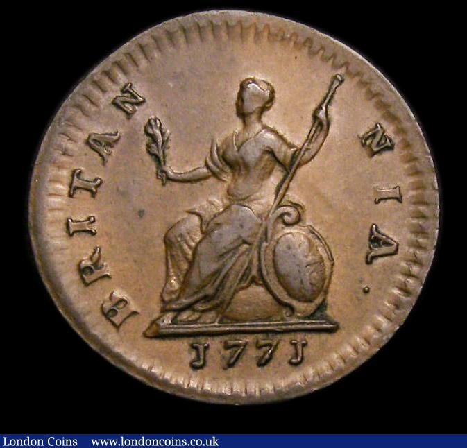 London Coins : A152 : Lot 2132 : Farthing 1771 Reverse A CGS Variety 01 EF, slabbed and graded CGS 65, the only example thus far reco...