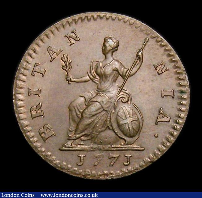 London Coins : A152 : Lot 2134 : Farthing 1771 Reverse C Olive branch points to right limb of A in BRITANNIA, also first 7 over 1 in ...