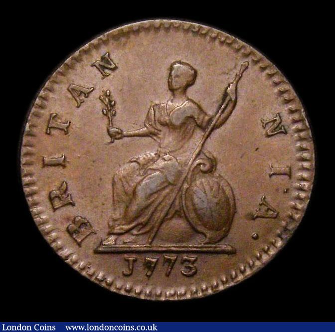 London Coins : A152 : Lot 2135 : Farthing 1773 Obverse 1 both 7's in the date struck over lower 7's CGS Variety 10, GEF/EF ...