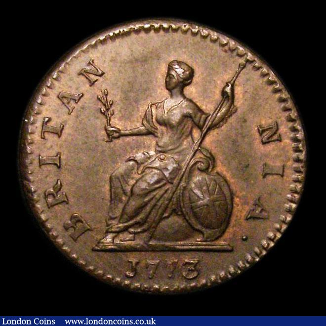 London Coins : A152 : Lot 2136 : Farthing 1773 Obverse 1 Peck 911 UNC with minor cabinet friction, a very pleasing example, slabbed a...