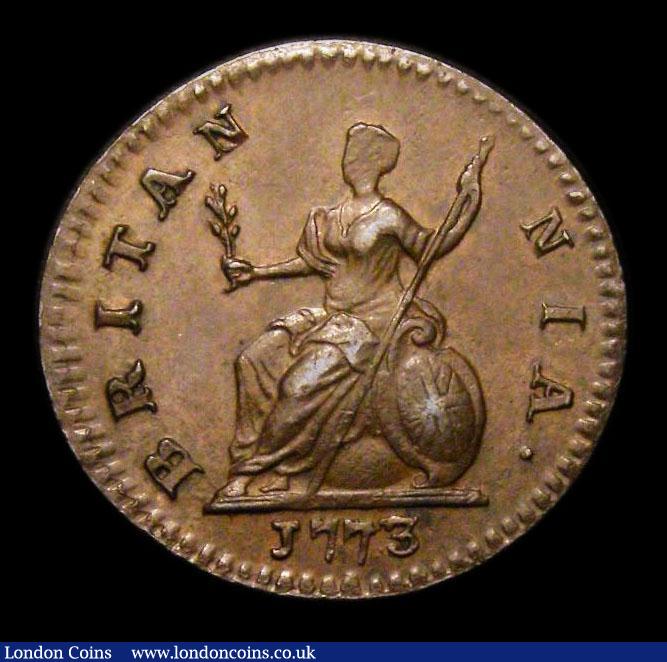 London Coins : A152 : Lot 2137 : Farthing 1773 Obverse 1, 3 over 3 in date (underlying 3 way to the left) CGS Variety 06, EF slabbed ...