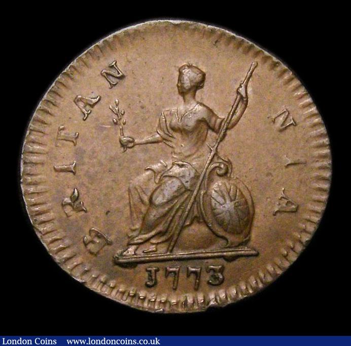 London Coins : A152 : Lot 2138 : Farthing 1773 Obverse 1, No Stop on Reverse Peck 912, GEF, slabbed and graded CGS 70, Ex-Croydon Coi...