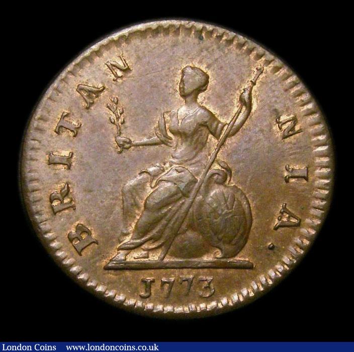 London Coins : A152 : Lot 2139 : Farthing 1773 Obverse 2 Peck 913 GEF/AU with traces of lustre, slabbed and graded CGS 75
