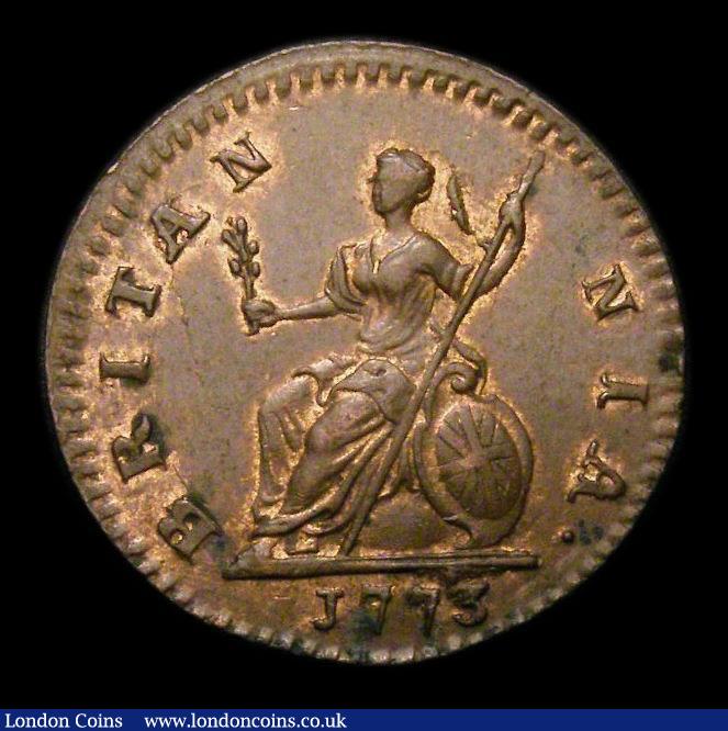 London Coins : A152 : Lot 2140 : Farthing 1773 Obverse 2, large 7's in the date, CGS Variety 08, UNC with traces of lustre, slab...