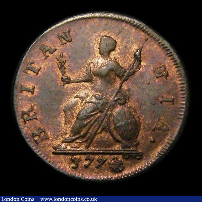 London Coins : A152 : Lot 2141 : Farthing 1774 Obverse 1 Peck 915 UNC and lustrous with a verdigris spot on the X of REX, slabbed and...