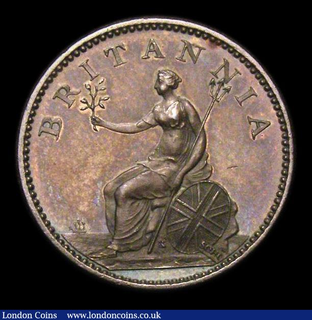 London Coins : A152 : Lot 2145 : Farthing 1806 Copper Proof Peck 1389 KF13 Obv. Portrait 1/Rev. Olive Branch with 7 leaves, all attac...
