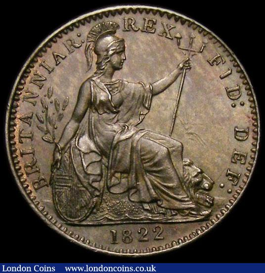 London Coins : A152 : Lot 2153 : Farthing 1822 Obverse 2. G's in GEORGIUS open at their bases. Second A in BRITANNIAR unbarred. ...