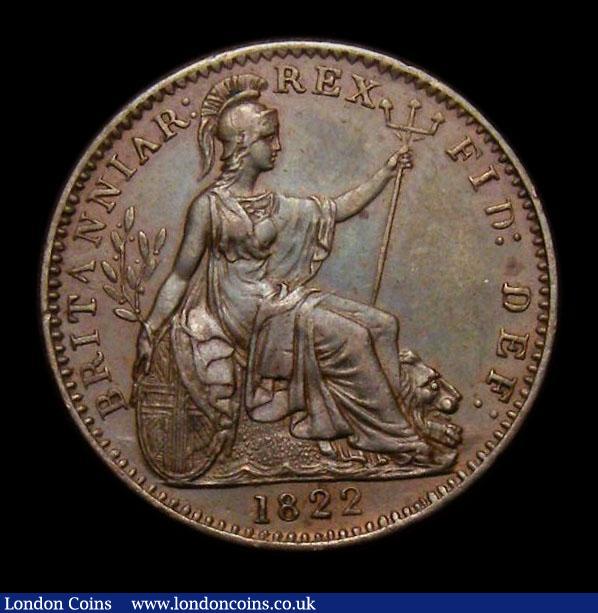 London Coins : A152 : Lot 2154 : Farthing 1822 Obverse 2. U in GEORGIUS has no top left serif. BRITANNIAR unbarred A's and no le...