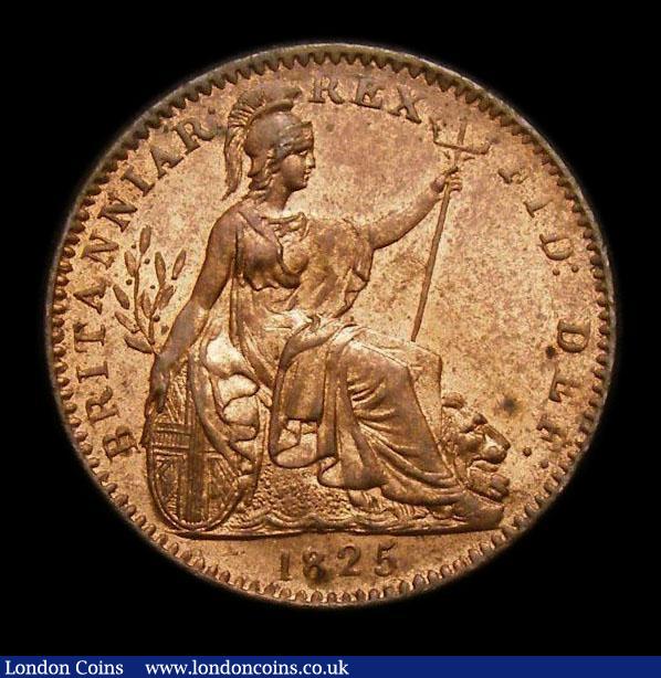 London Coins : A152 : Lot 2157 : Farthing 1825 D over U in DEI CGS Variety 04 UNC with around 75% lustre, uneven on the obverse, slab...