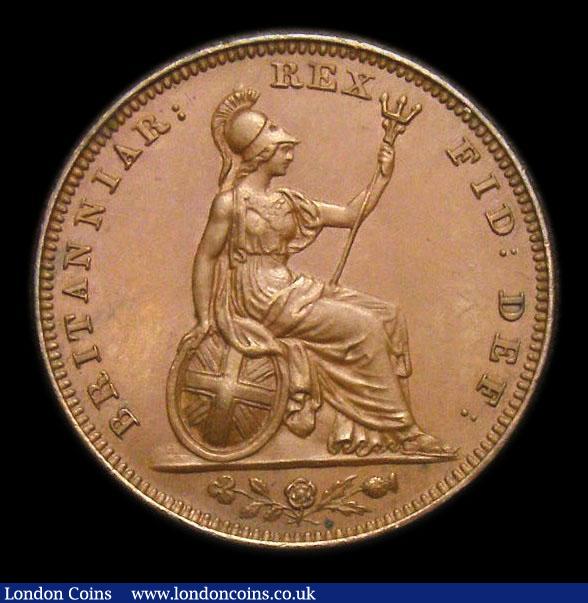 London Coins : A152 : Lot 2167 : Farthing 1826 Second Issue Bronzed Proof Peck 1440, UNC with a small spot on the reverse, slabbed an...