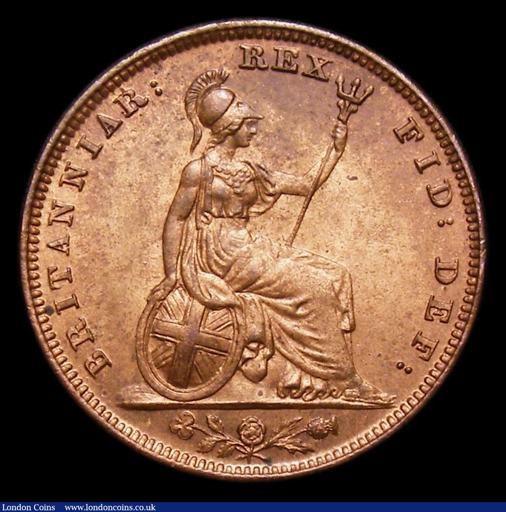 London Coins : A152 : Lot 2172 : Farthing 1828 Peck 1443 UNC and lustrous with a tone spot on the obverse, UNC, slabbed and graded CG...