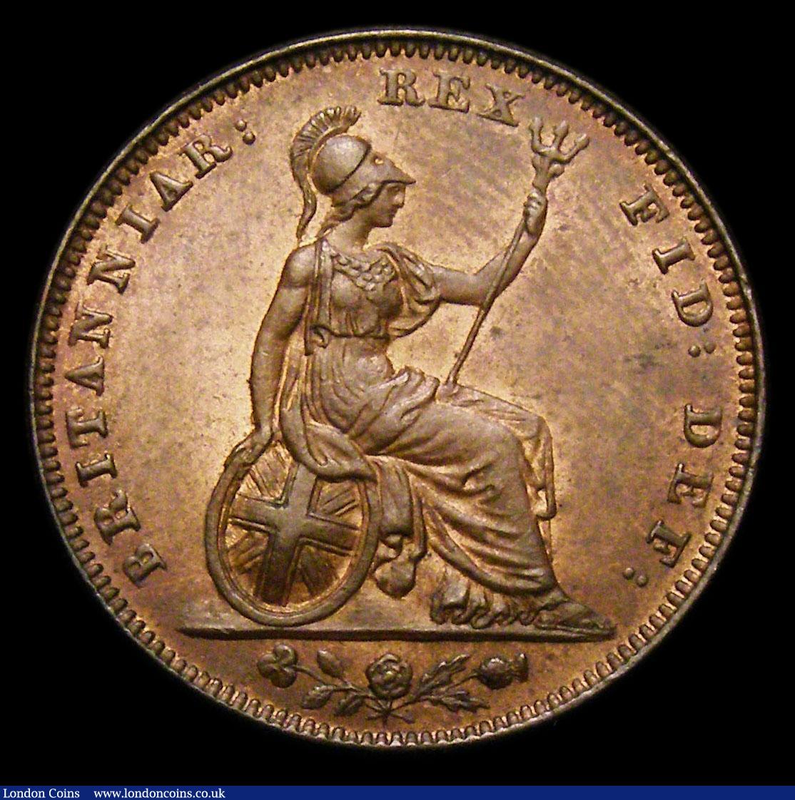 London Coins : A152 : Lot 2178 : Farthing 1834 Reverse A. Incuse Line on Saltire Peck 1470, UNC with traces of lustre and a small min...