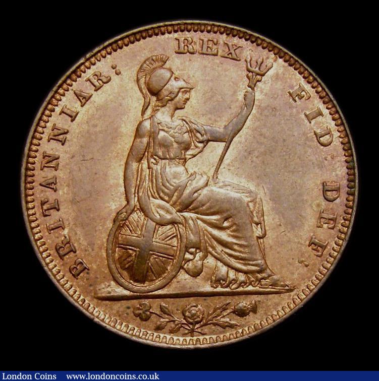 London Coins : A152 : Lot 2179 : Farthing 1835 Reverse A Incuse Line on Saltire Peck 1472 UNC with traces of lustre, slabbed and grad...
