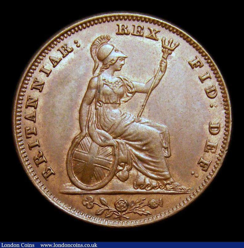 London Coins : A152 : Lot 2180 : Farthing 1835 Reverse B Raised Line on Saltire Peck 1473 UNC and nicely toned with hint of lustre on...