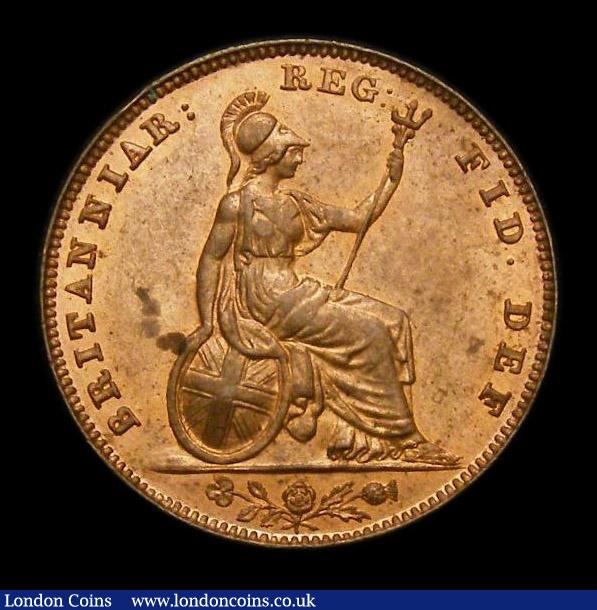 London Coins : A152 : Lot 2187 : Farthing 1839 2-pronged Trident, FID.DEF. legend CGS variety 08, UNC and lustrous with some toning, ...