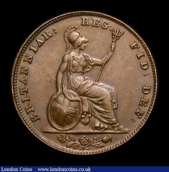 London Coins : A152 : Lot 2192 : Farthing 1840 B of BRIT has no top serif, first A of GRATIA double struck, CGS Variety 06 GEF toned,...