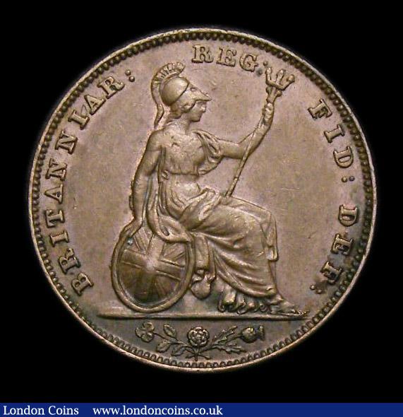 London Coins : A152 : Lot 2203 : Farthing 1844 Reverse A (flaw by Britannia's right arm), 9 teeth date spacing, High 44 in date,...