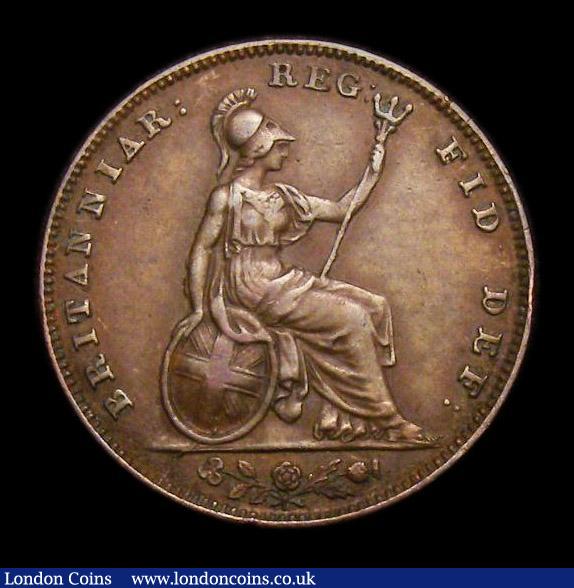 London Coins : A152 : Lot 2205 : Farthing 1844 Reverse A (flaw by Britannia's right arm), with only the top colon dot after FID,...