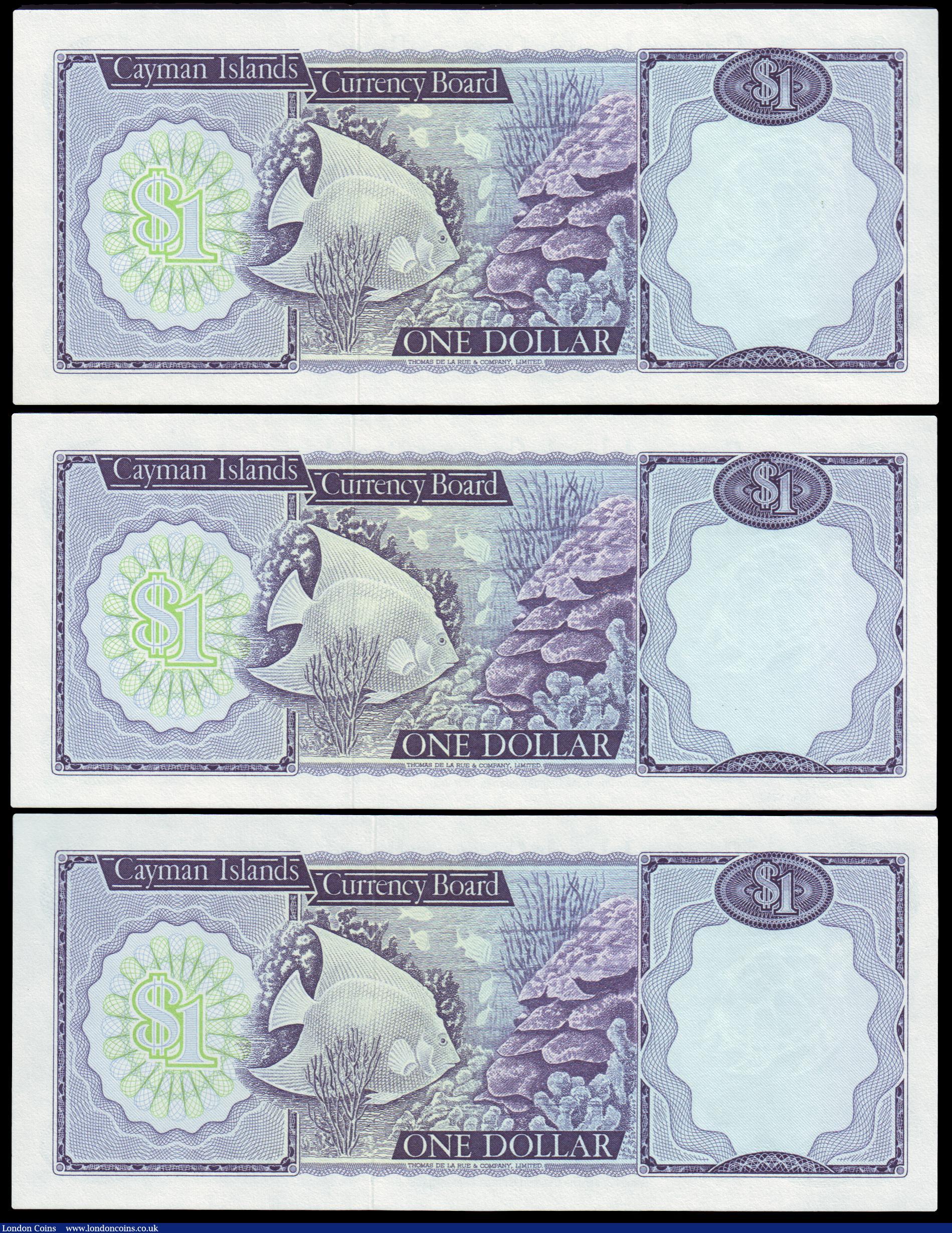London Coins : A152 : Lot 221 : Cayman Islands One Dollar 1971 (3) consecutive numbers, Pick 1 A/2 000491, 000492 and 000493 UNC