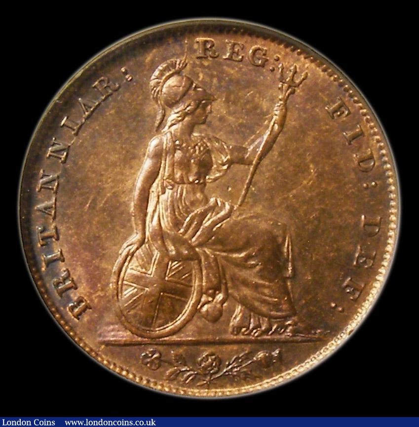 London Coins : A152 : Lot 2222 : Farthing 1850 5 over 4, 8 teeth date spacing, CGS Variety 02 UNC or near so , slabbed and graded CGS...
