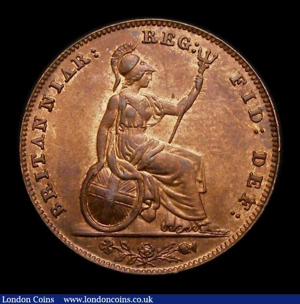 London Coins : A152 : Lot 2224 : Farthing 1850 5 over 7 with unbarred A's in BRITANNIAR, CGS Variety 03, UNC with some subdued l...
