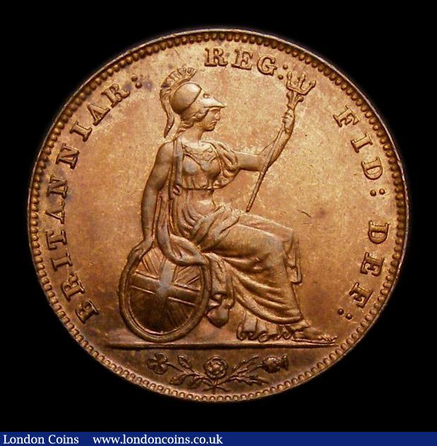 London Coins : A152 : Lot 2225 : Farthing 1850 5 over higher 5 in date CGS Variety 05, UNC and lustrous with some light cabinet frict...