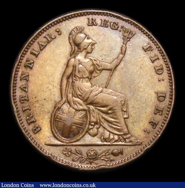 London Coins : A152 : Lot 2228 : Farthing 1851 D over sideways D in DEI Peck 1573, VF with some edge knocks and some scratches on the...