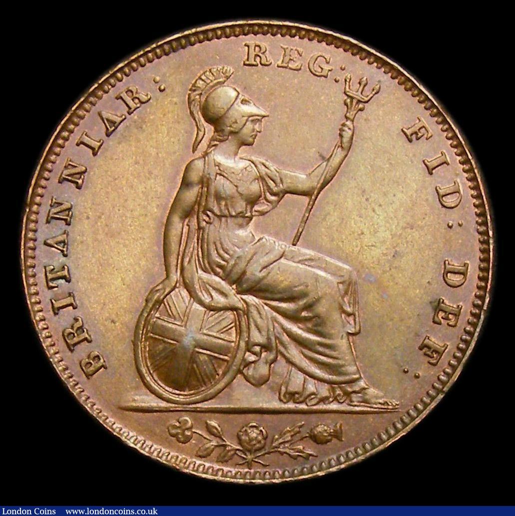 London Coins : A152 : Lot 2234 : Farthing 1853 WW Incuse, 5 over lower 5, with lower break to shamrock stem, CGS Variety 10, approach...