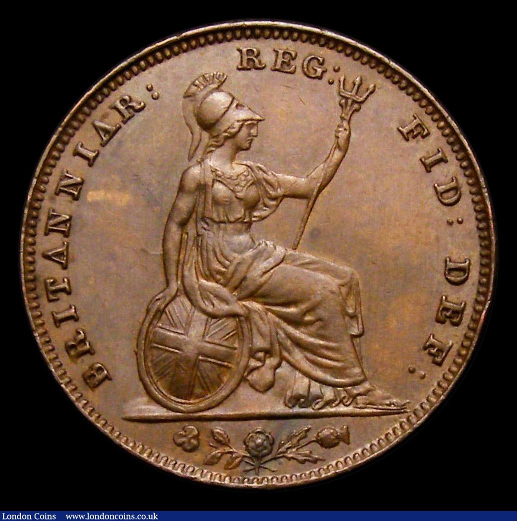 London Coins : A152 : Lot 2239 : Farthing 1855 WW Incuse, Double break to shamrock stem, CGS Variety 03, UNC or near so, toned, slabb...