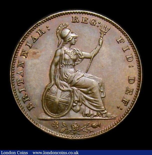 London Coins : A152 : Lot 2249 : Farthing 1858 Small Date, Shamrock with broken stem, Unbarred A's in BRITANNIAR, UNC toned, sla...