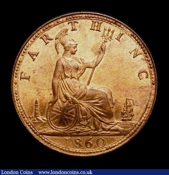 London Coins : A152 : Lot 2254 : Farthing 1860 Beaded Border Freeman 496 dies 1+A, UNC and lustrous with an attractive magenta tone o...