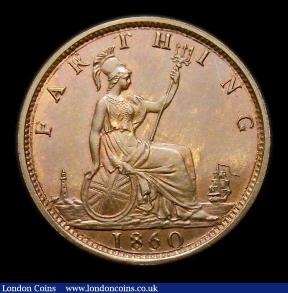 London Coins : A152 : Lot 2255 : Farthing 1860 Bronze Proof, Toothed Border, 4 Berries, Freeman 500 dies 2+B, Choice Toned UNC with a...