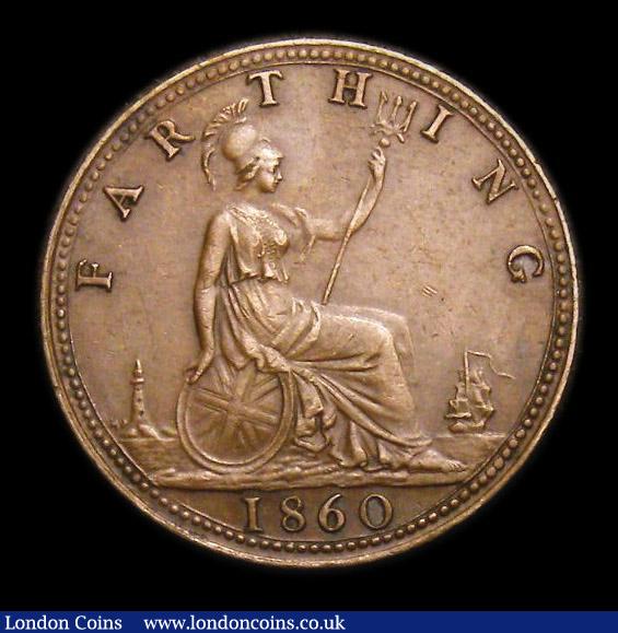 London Coins : A152 : Lot 2256 : Farthing 1860 Toothed Border/Beaded Border mule, Freeman 498 dies 2+A, EF, slabbed and graded CGS 60...
